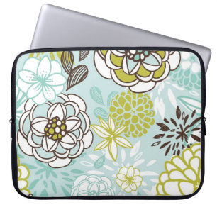 Retro Floral Design in Green & Blue Laptop Sleeve