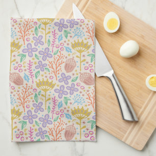 Retro floral design with flowers and fruits. tea towel