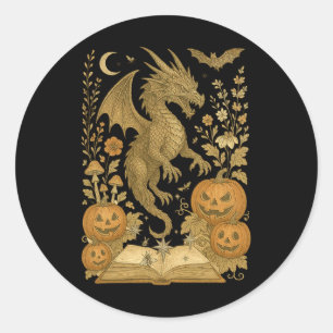 Retro Floral Dragon Book Pumpkin Spooky Reading Ha Classic Round Sticker
