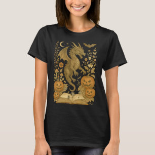 Retro Floral Dragon Book Pumpkin Spooky Reading Ha T-Shirt