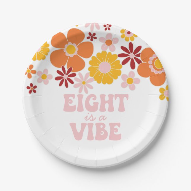 Retro Floral Eight is a Vibe 8th birthday Paper Plate (Front)