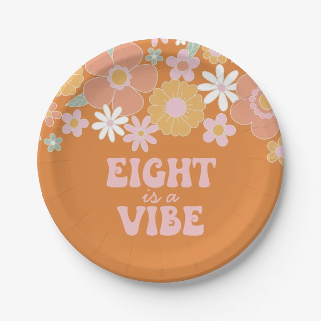 Retro Floral Eight is a Vibe 8th birthday Paper Plate (Front)