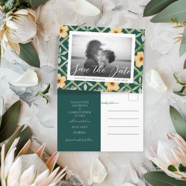Retro Floral Emerald Photo Save the Date Wedding Postcard (Creator Uploaded)