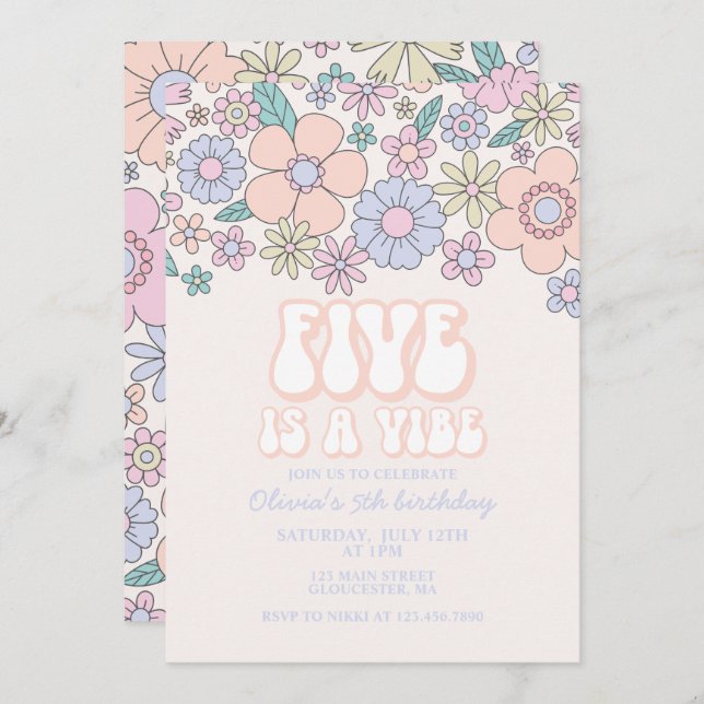 Retro Floral Five is a Vibe 5th birthday Invitation (Front/Back)