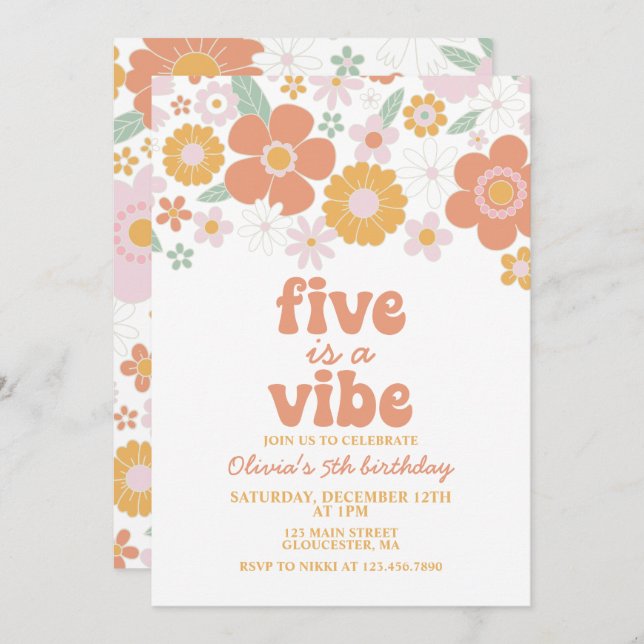 Retro Floral Five is a Vibe 5th birthday Invitation (Front/Back)