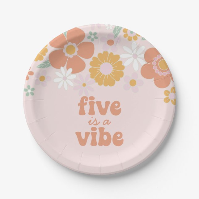 Retro Floral Five is a Vibe 5th birthday Paper Plate (Front)