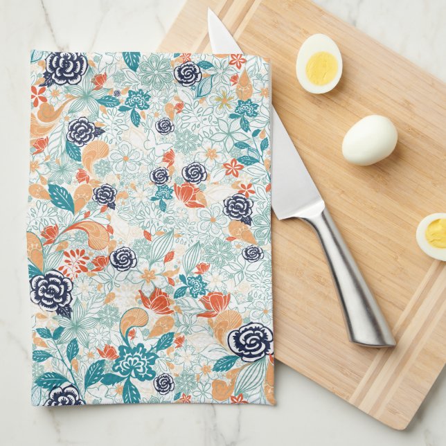 Retro Floral Flower Seamless Pattern Tea Towel (Quarter Fold)