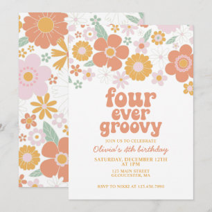 Retro Floral Four Ever Groovy 4th birthday Invitation