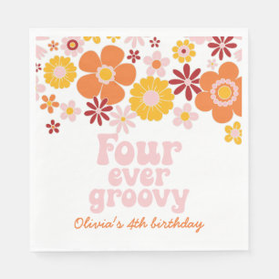 Retro Floral Four Ever Groovy 4th birthday Napkins