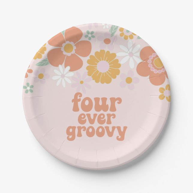 Retro Floral Four ever groovy  4th birthday Paper Plate (Front)