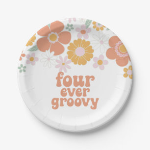 Retro Floral Four ever groovy 4th birthday Paper Plate