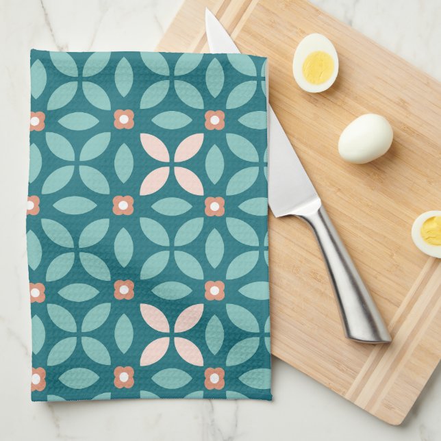 Retro Floral Geo Pattern Teal, Peach, Burnt Orange Tea Towel (Quarter Fold)