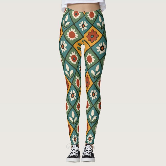 Retro Floral Geometric Leggings (Front)