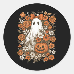 Retro Floral Ghost Cute Pumpkin Autumn Halloween W Classic Round Sticker