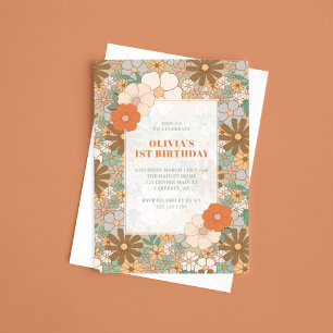 Retro Floral Girls 1st Birthday Invitation