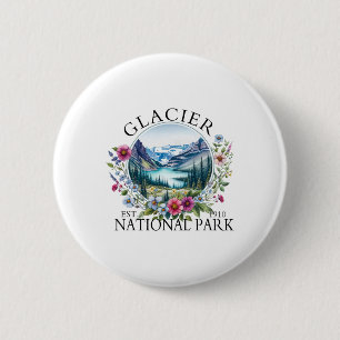 Retro Floral Glacier National Park Hiking Camping 6 Cm Round Badge