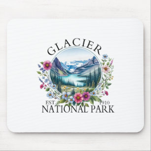 Retro Floral Glacier National Park Hiking Camping Mouse Pad