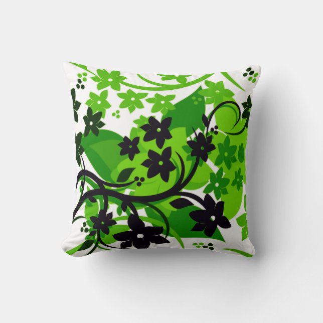 [Retro Floral] Green Botanical Graphic Design Cushion (Front)