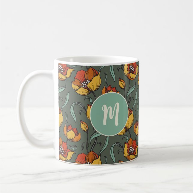 Retro Floral Green Gold Orange Monogram  Coffee Mug (Left)