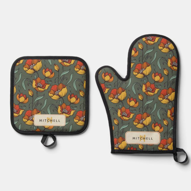 Retro Floral Green Gold Orange Personalised  Oven Mitt & Pot Holder Set (Front)