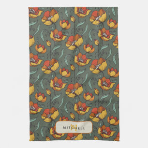 Retro Floral Green Gold Orange Personalised  Tea Towel