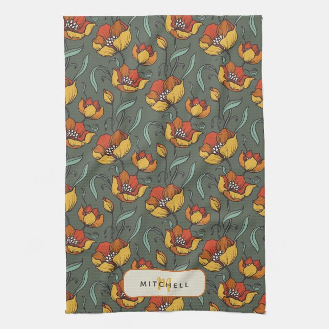 Retro Floral Green Gold Orange Personalised  Tea Towel (Vertical)