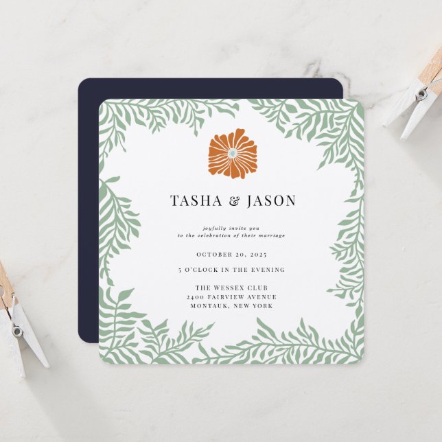 Retro Floral Greenery Frame Wedding Invitation (Front/Back In Situ)