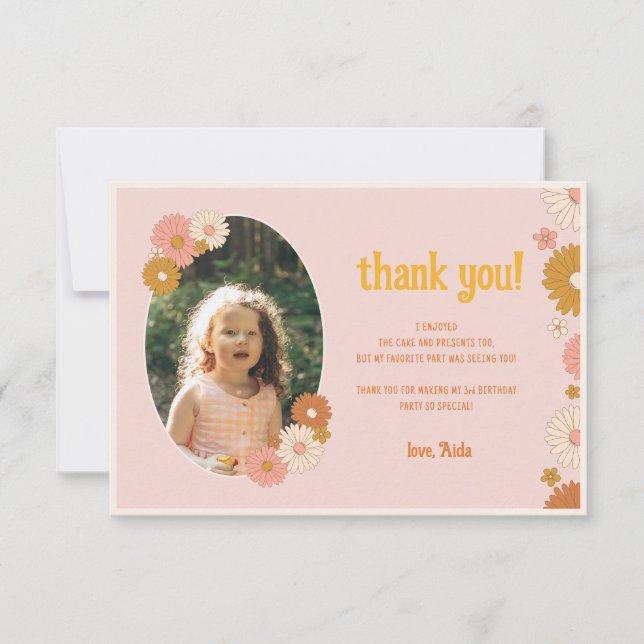 Retro Floral Groovy 3nd Birthday Thank You Card (Front)