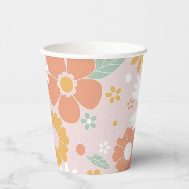 Retro Floral groovy Birthday Paper Cups (Front)