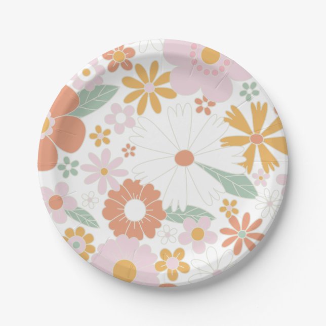 Retro Floral groovy Birthday Paper Plate (Front)