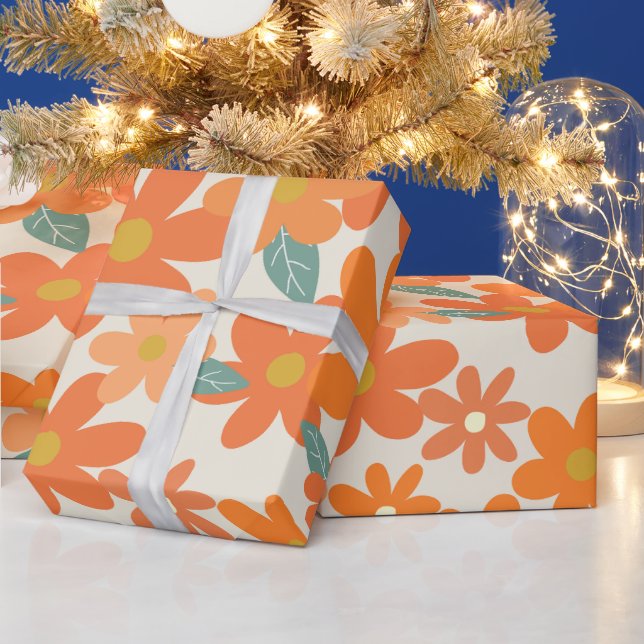 Retro floral groovy tan orange wrapping paper (Holidays)