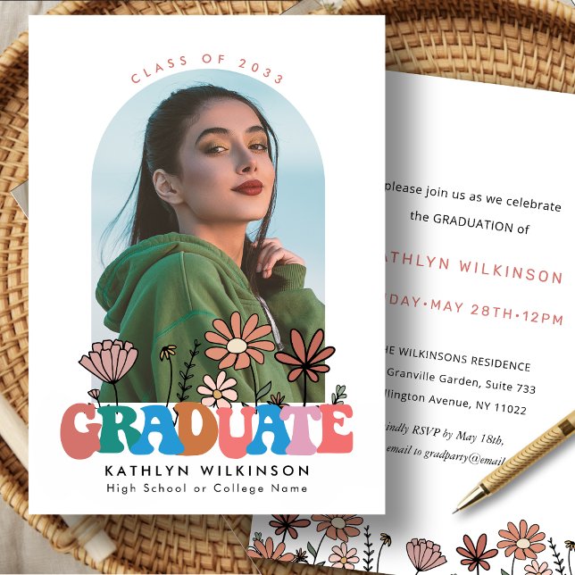 Retro Floral Groovy Typography Photo Graduation Invitation (Creator Uploaded)