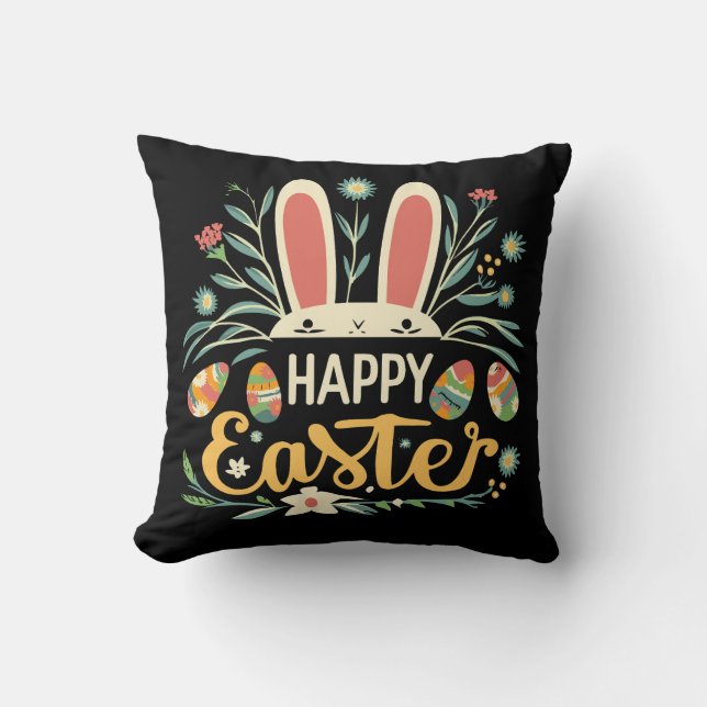 Retro Floral Happy Easter Bunny Boho Spring Cushion (Front)