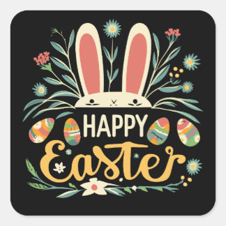 Retro Floral Happy Easter Bunny Boho Spring Square Sticker