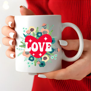 Retro Floral Heart Love Red Valentine's Day Large Coffee Mug
