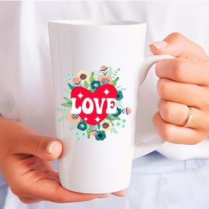 Retro Floral Heart Love Red Valentine's Day  Latte Mug