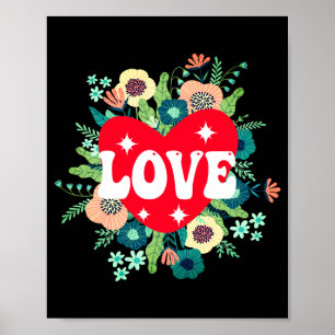 Retro Floral Heart Love Red Valentines Day T Shirt Poster