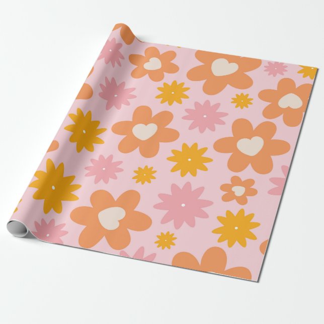Retro Floral Heart Pattern Wrapping Paper (Unrolled)