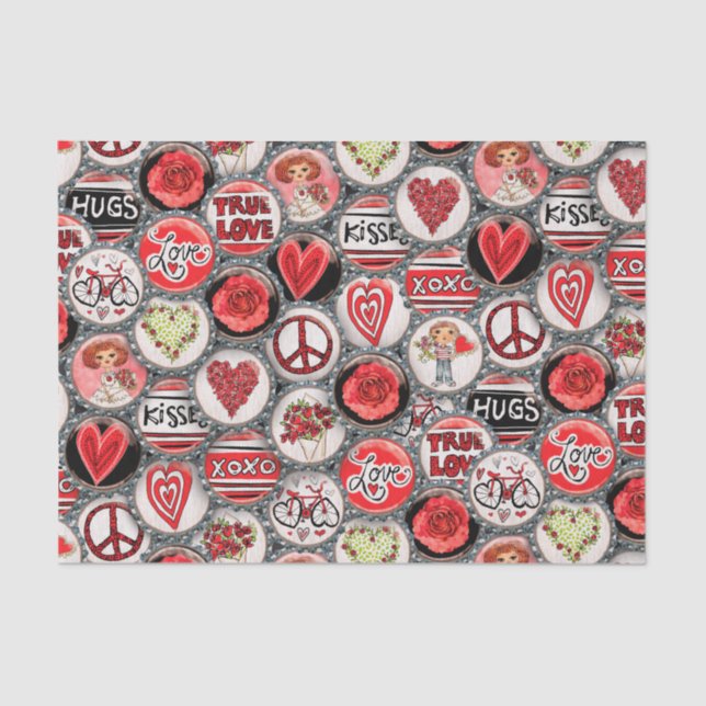 Retro Floral Heart Valentine's Day Bottle Cap Art  Tissue Paper (Front)