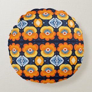 Retro Floral Illustration in Orange and Blue Round Cushion
