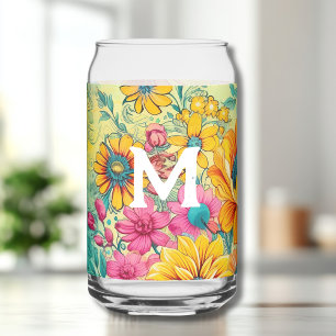 Retro Floral Initial Can Glass