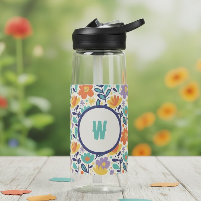 Retro Floral Initial – Monogram Gift for Her Water Bottle (Funhaus floral initial water bottle)