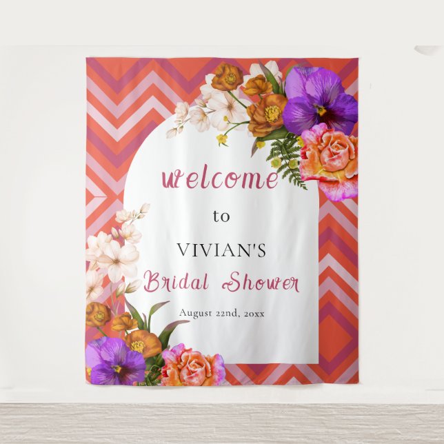 Retro Floral Magenta Fuchsia Bridal Shower Welcome Tapestry (Front)