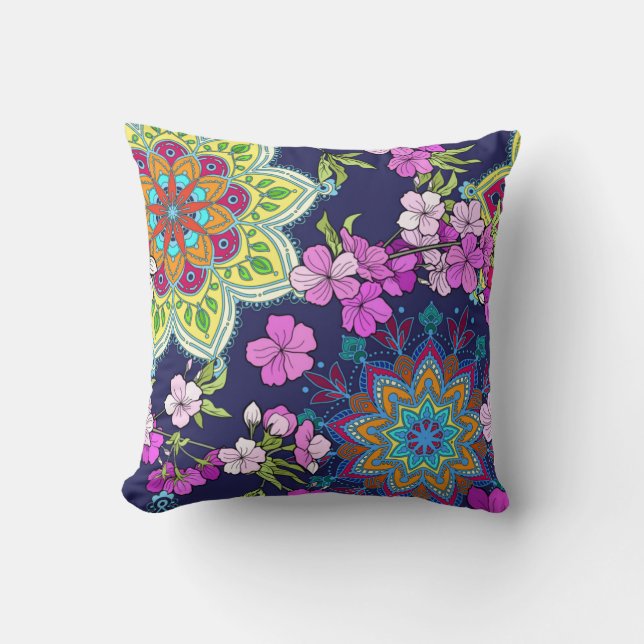 Retro Floral/Mandala Design, Navy & Pink Cushion (Front)