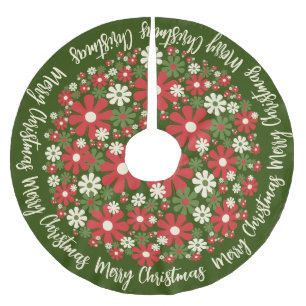 Retro Floral Merry Christmas Flowers Brushed Polyester Tree Skirt
