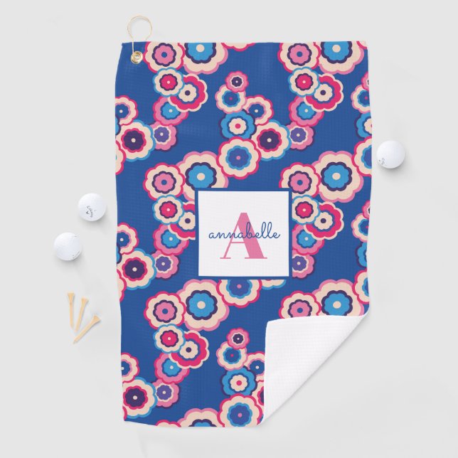 Retro Floral Monogram First Name Golf Towel (InSitu)