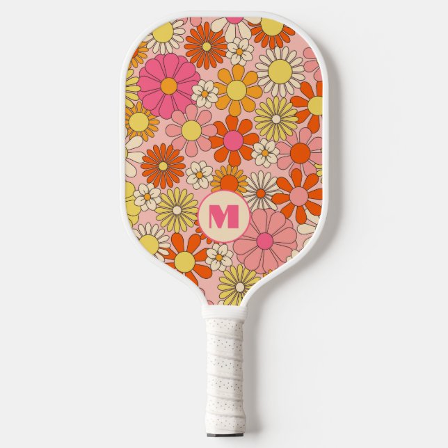 Retro Floral Monogram girly Pickleball Paddle  (Front)