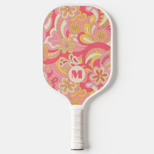 Retro Floral Monogram Girly Pickleball Paddle 