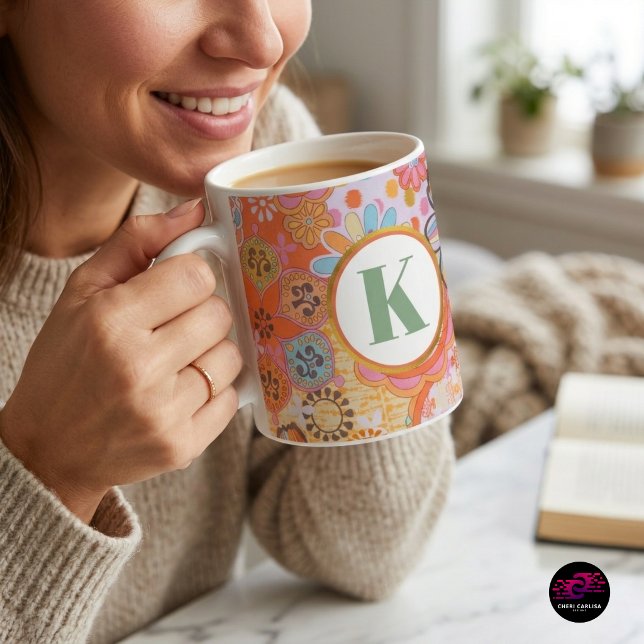Retro Floral Monogram Groovy Pattern Coffee Mug (Coffee tastes better with a little flower power ☕🌼)