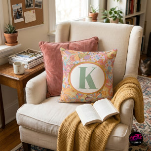 Retro Floral Monogram Groovy Pattern Cushion